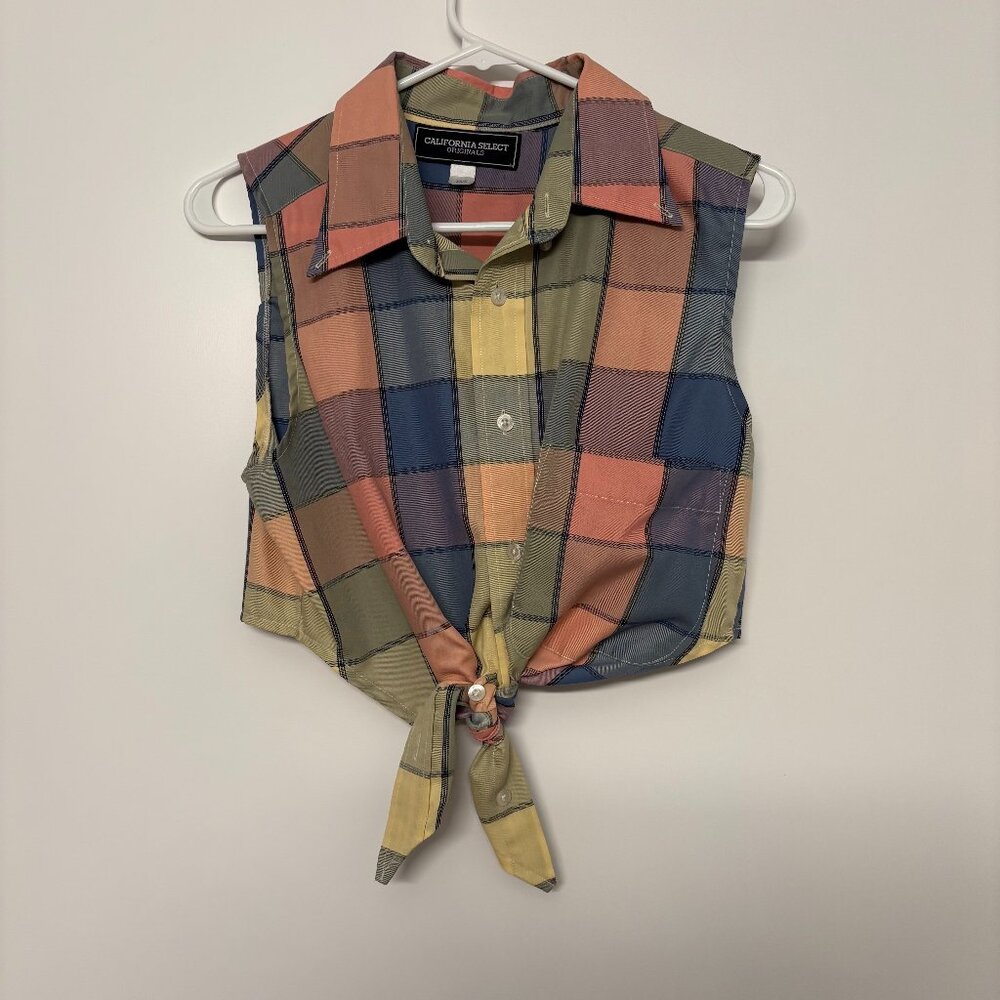 California Select Sleeveless Pastel Plaid Button-Up Crop Top with Tie Front